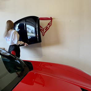 corvette-deluxe-wall-mounted-roof-storage-rack-crossed-flags-logo