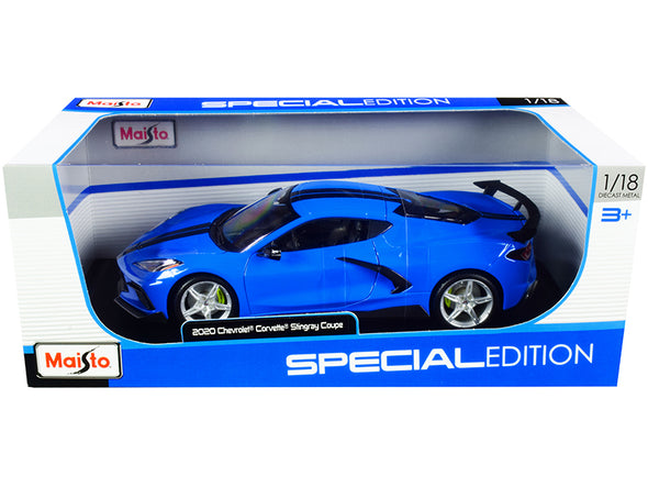 2020 Corvette Stingray C8 Coupe Blue High Wing Black Stripes 1/18 Diecast