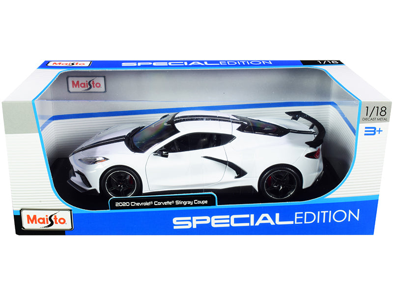 2020 Corvette Stingray C8 Coupe White High Wing Black Stripes 1/18 Diecast