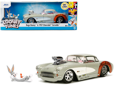 1957-chevrolet-corvette-beige-with-pink-interior-with-bugs-bunny-figure-looney-tunes-hollywood-rides-series-1-24-diecast-model-car-by-jada