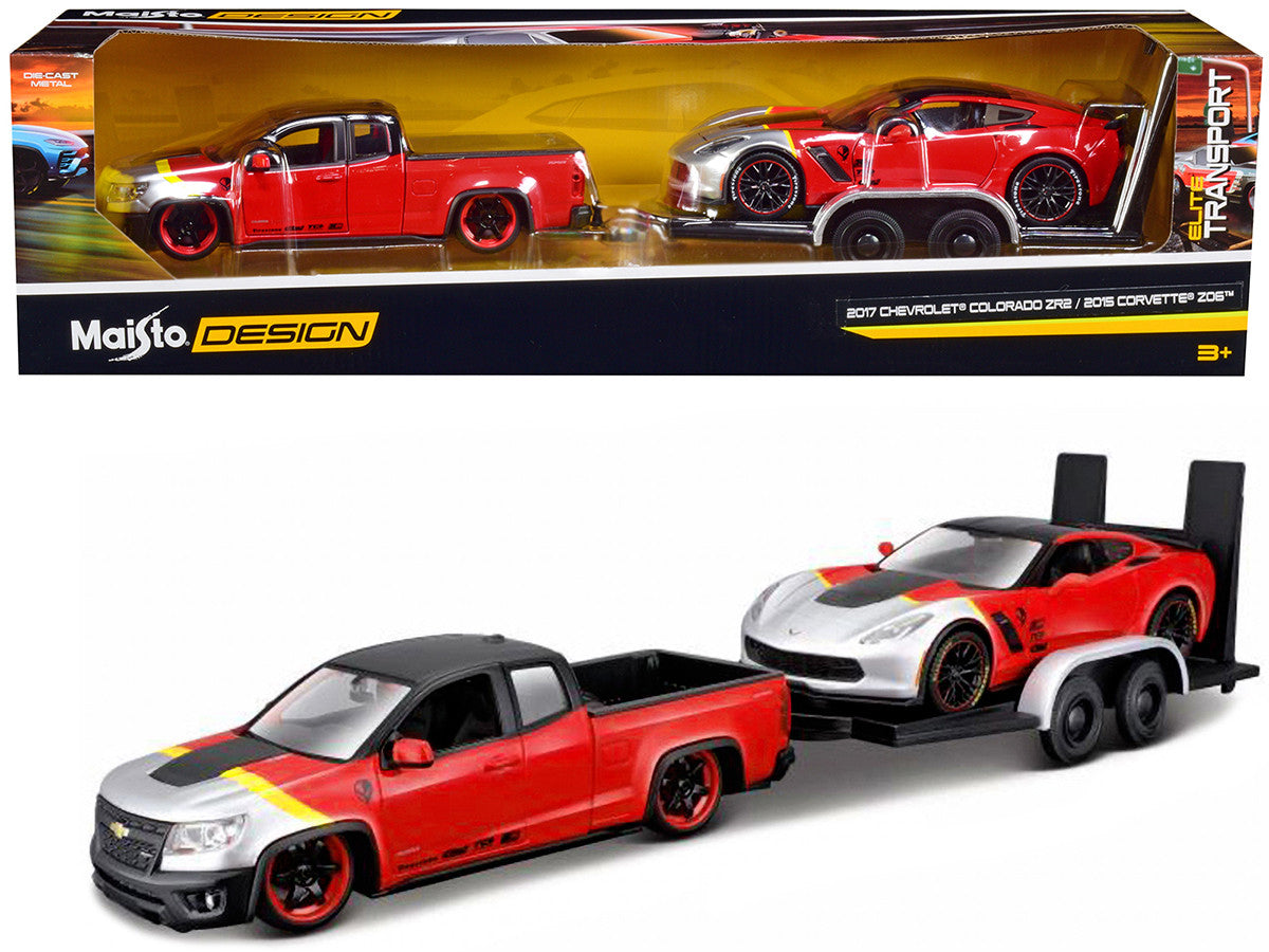 2017-chevrolet-colorado-zr2-pickup-truck-red-and-2015-chevrolet-corvette-z06-red-with-flatbed-trailer-set-of-3-pieces-elite-transport-series-1-24-diecast-model-cars-by-maisto