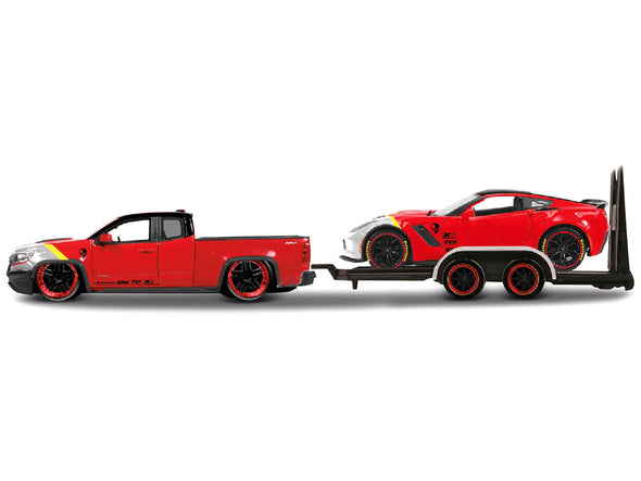2017-chevrolet-colorado-zr2-pickup-truck-red-and-2015-chevrolet-corvette-z06-red-with-flatbed-trailer-set-of-3-pieces-elite-transport-series-1-24-diecast-model-cars-by-maisto
