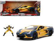 2020-chevrolet-corvette-c8-stingray-gold-metallic-and-dark-blue-and-wolverine-x-men-marvel-series-hollywood-rides-1-24-diecast-model-car-by-jada