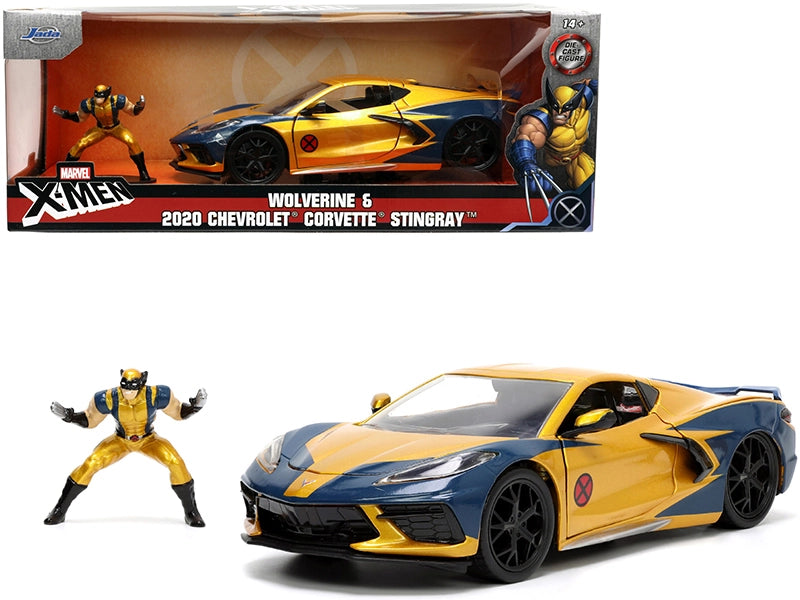 2020-chevrolet-corvette-c8-stingray-gold-metallic-and-dark-blue-and-wolverine-x-men-marvel-series-hollywood-rides-1-24-diecast-model-car-by-jada