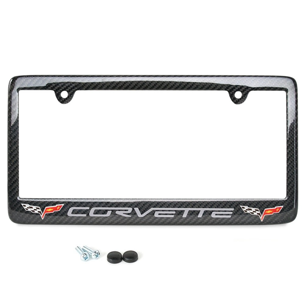 C6 Corvette Carbon Fiber Gray Script w/ Double Logo License Plate Frame