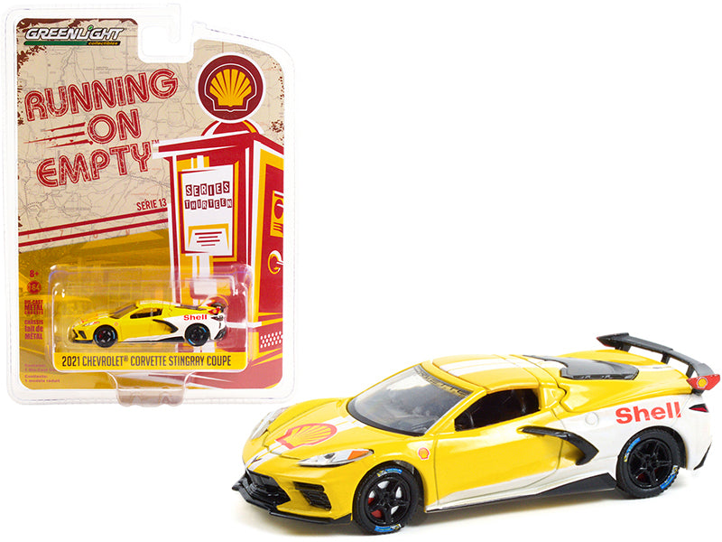 2021 Chevrolet Corvette C8 Stingray Coupe "Shell Oil" Yellow and White "Running on Empty" Series 13 1/64 Diecast Model Car by Greenlight