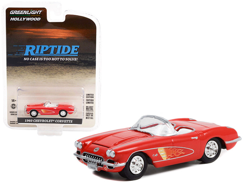 1960 Chevrolet Corvette C1 Convertible Pink with Flames "Riptide" (1984-1986) TV Series "Hollywood Series" Release 34 1/64 Diecast Model Car by Greenlight