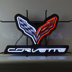 CORVETTE C7 WITH BACKING with WHITE "CORVETTE" word NEON SIGN - [Corvette Store Online]