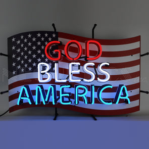 God Bless America Neon Sign with American Flag Background