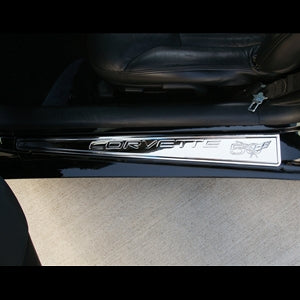 C5 & Z06 Corvette Door Sill Plates | Billet Chrome with 50th Anniversary Logo - [Corvette Store Online]
