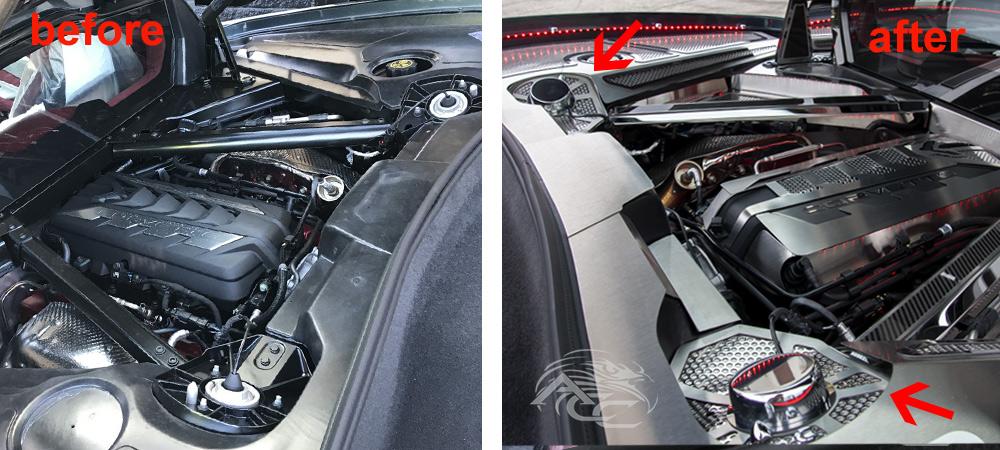 C8 Corvette - Perforated Shock Tower Cover Inserts with Chrome Cap - 2 Pieces