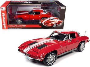 1963-chevrolet-corvette-stingray-z06-riverside-red-with-white-stripes-american-muscle-30th-anniversary-1-18-diecast-model-car-by-autoworld
