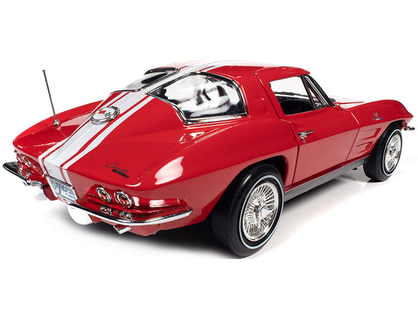 1963-chevrolet-corvette-stingray-z06-riverside-red-with-white-stripes-american-muscle-30th-anniversary-1-18-diecast-model-car-by-autoworld