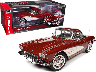 1961-chevrolet-corvette-honduras-maroon-metallic-with-white-coves-and-gold-interior-1-18-diecast-model-car-by-auto-world