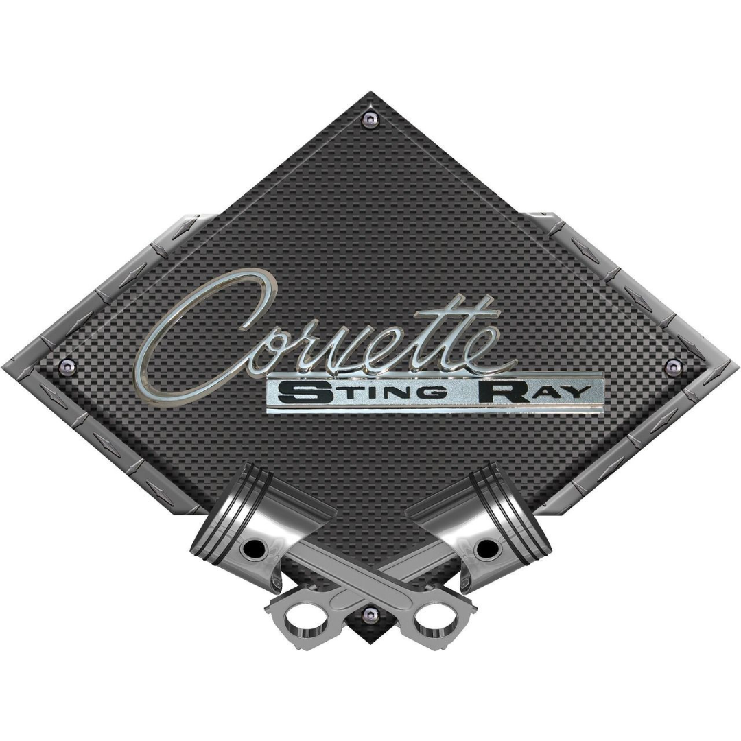 c2-corvette-stingray-black-diamond-cross-pistons-steel-sign-1963-1965