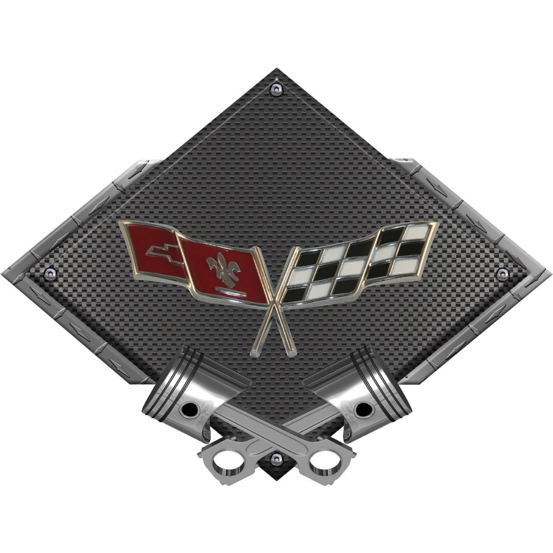 C3 Corvette Crossed Flags Black Diamond Cross Pistons Steel Sign