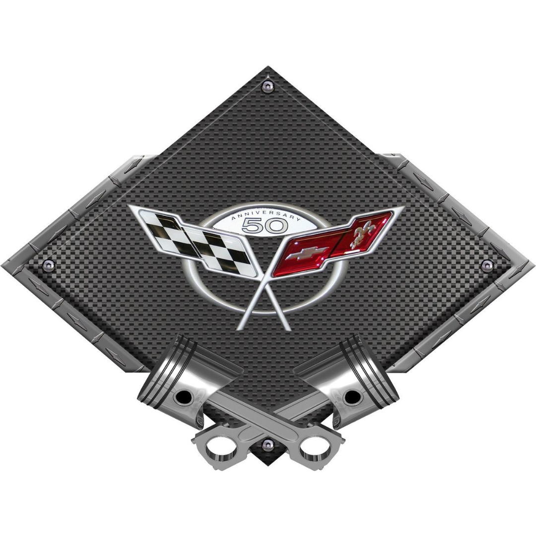 c5-corvette-50th-anniversary-black-diamond-cross-pistons-steel-sign