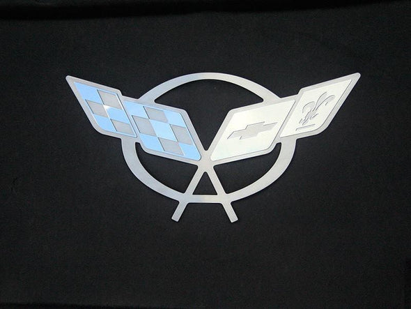 C5 Corvette Crossed Flag Hood Liner Badge - Stainless Steel