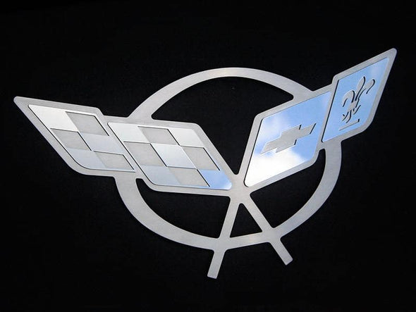 C5 Corvette Crossed Flag Hood Liner Badge - Stainless Steel