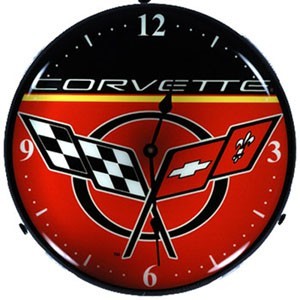 C5 Corvette Logo Lighted Made in USA Clock - Black/Red - [Corvette Store Online]