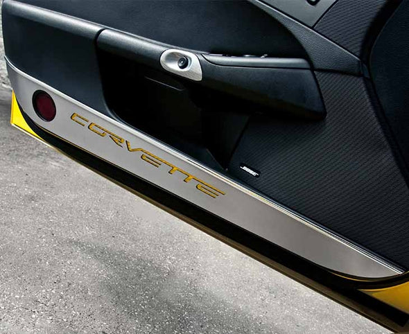 C6 Corvette | Door Guards | Brushed Carbon Fiber | Corvette Inlay | 2 pc