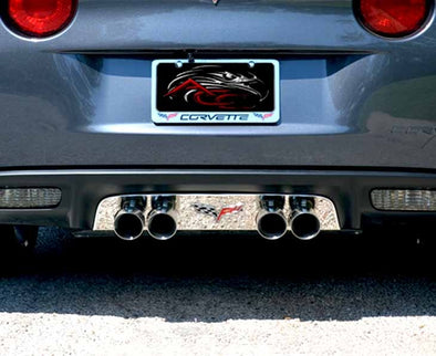 C6 Corvette Exhaust Filler Panel w/ Crossed Flags - Polished Stainless Steel