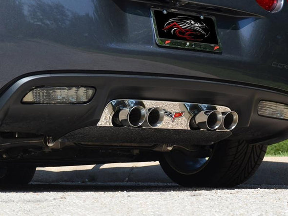 C6 Corvette Exhaust Filler Panel w/ Crossed Flags - Polished Stainless Steel