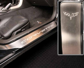 C6 Corvette Full Length Outer Doorsills Brushed Stainless Steel - Corvette Script