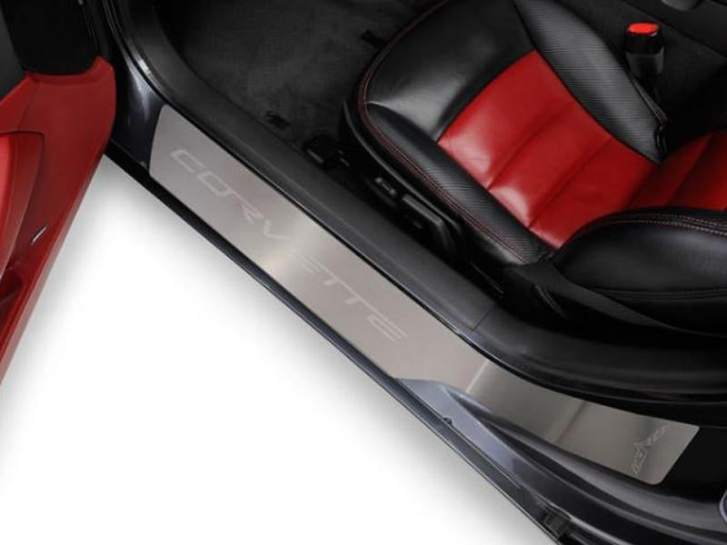 C6 Corvette Full Length Outer Doorsills Brushed Stainless Steel - Corvette Script