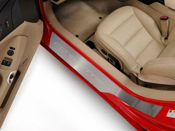 C6 Corvette Full Length Outer Doorsills Brushed Stainless Steel - Corvette Script