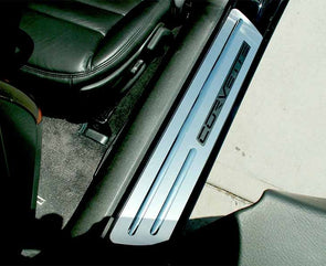 C6 Corvette Outer Doorsills Stock Pad Inserts - Brushed Stainless Steel w/ Chrome Ribs