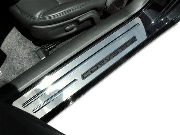 C6 Corvette Outer Doorsills Stock Pad Inserts - Brushed Stainless Steel w/ Chrome Ribs