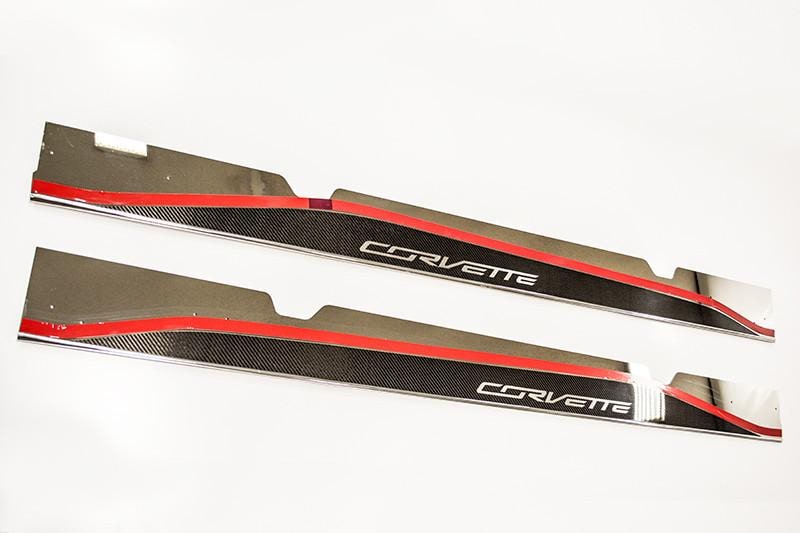 C7 Corvette Side Skirts - Stainless Steel w/ Real Carbon Fiber Inlay - Corvette Script