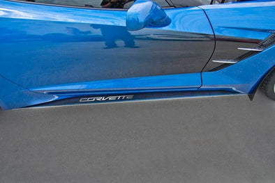 C7 Corvette Side Skirts - Stainless Steel w/ Real Carbon Fiber Inlay - Corvette Script