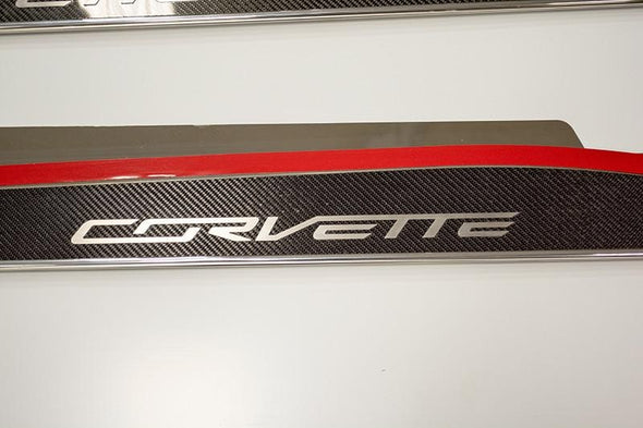 C7 Corvette Side Skirts - Stainless Steel w/ Real Carbon Fiber Inlay - Corvette Script