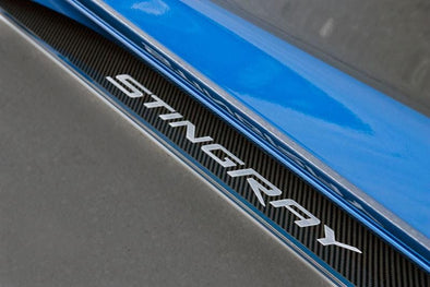 C7 Corvette Side Skirts w/ Stingray Script - Stainless Steel w/ Real Carbon Fiber Inlay
