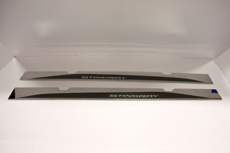 C7 Corvette Side Skirts w/ Stingray Script - Stainless Steel w/ Real Carbon Fiber Inlay