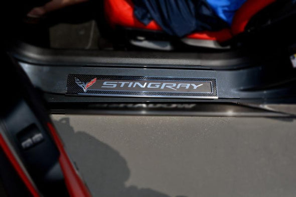 C7 Corvette Stingray Carbon Fiber Door Sill Overlay 2Pc Stainless Steel Trim