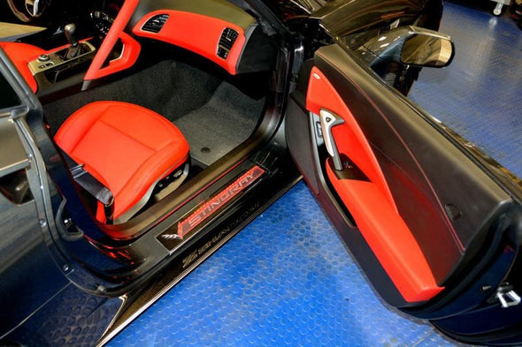 C7 Corvette Stingray LED Illuminated Carbon Fiber Door Sill Overlay 2Pc Stainless Steel Trim