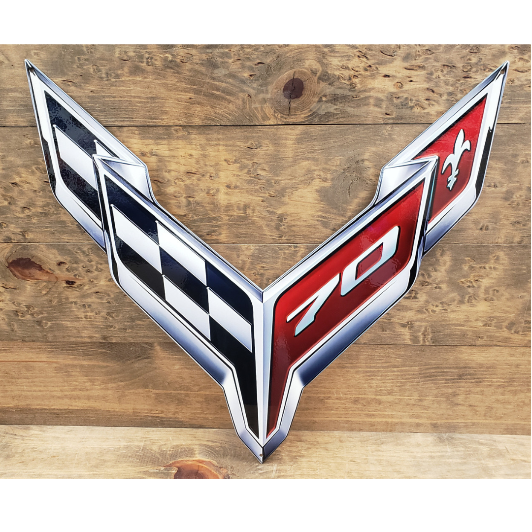 c8-corvette-70th-anniversary-crossed-flags-emblem-steel-sign