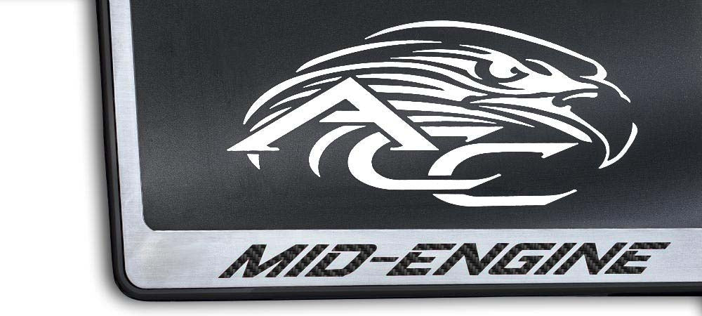 C8 Corvette MID-ENGINE License Plate Frame Black Base - Brushed Stainless Steel