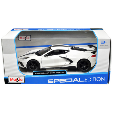 c8-corvette-stingray-coupe-white-with-black-stripes-special-edition-series-1-24-diecast-model-car-by-maisto