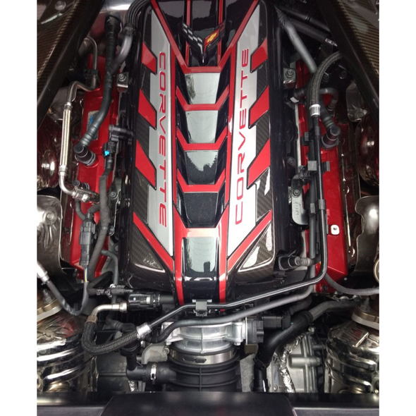 C8 Corvette Stingray Edge Red Premium Engine Cover - Silver Rails