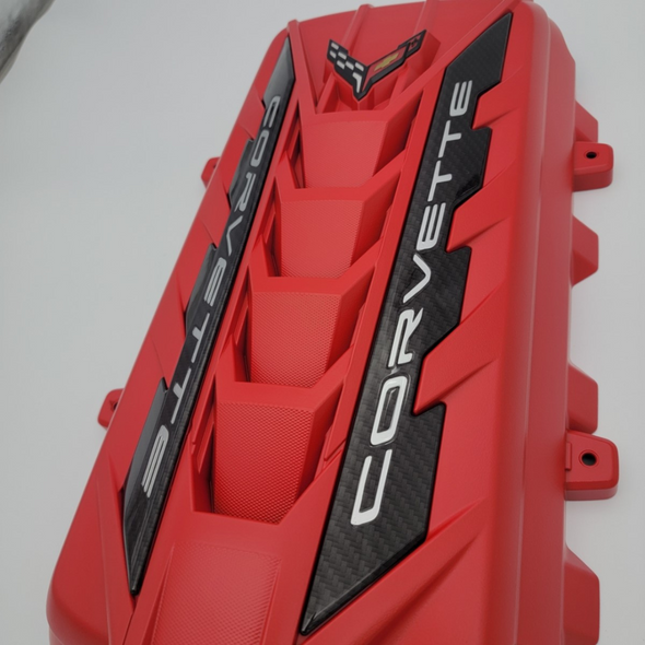 C8 Corvette Stingray Torch Red Engine Cover - Carbon Fiber & White Letters