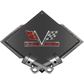 Chevy 427 Turbo Jet Black Diamond Cross Pistons Steel Sign