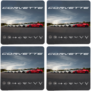 Corvette C1-C8 Generations Crossed Flags and Cars Stone Coaster Bundle - Set of 4