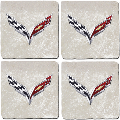 Corvette C7 Crossed Flags Stone Coaster Bundle - Set of 4