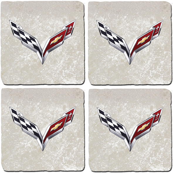 Corvette C7 Crossed Flags Stone Coaster Bundle - Set of 4