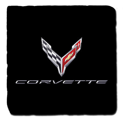 Next Generation Corvette C8 Crossed Flags Script Black Tile Coaster