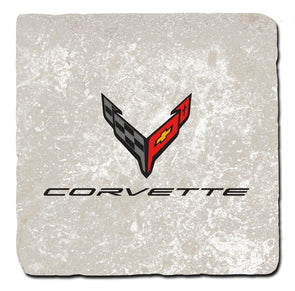 Next Generation Corvette C8 Crossed Flags Script Light Stone Coaster